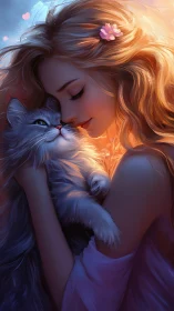 Girl Cherishing Her Fluffy Feline Friend in Golden Sunlight