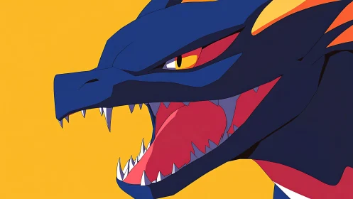 Anime dragon close-up with open jaws on yellow ground.