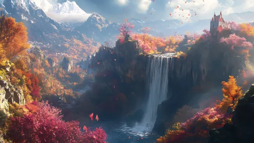 Fantasy waterfall valley glows under vivid autumn light