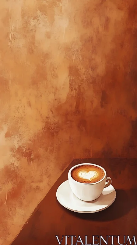 White cup of latte with heart art on warm brown table.