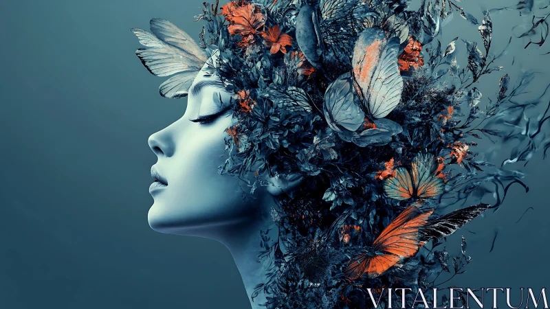 Butterfly thoughts drift from a porcelain dreamer’s profile