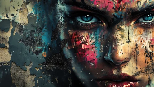 Graffiti-eyed warrior staring through crumbling color storms.