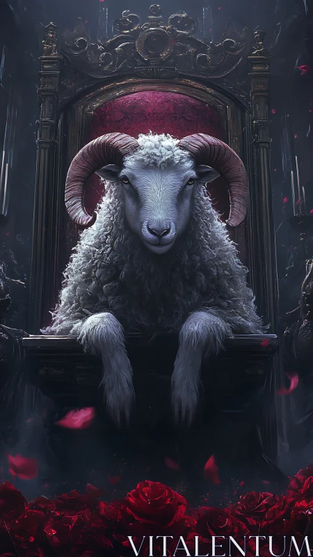 Majestic ram sits upon a dark throne over crimson roses