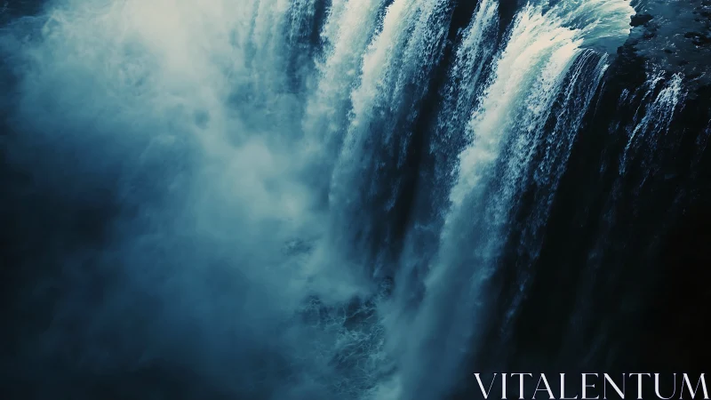 Mystical blue waterfall pouring into a soft misty abyss.