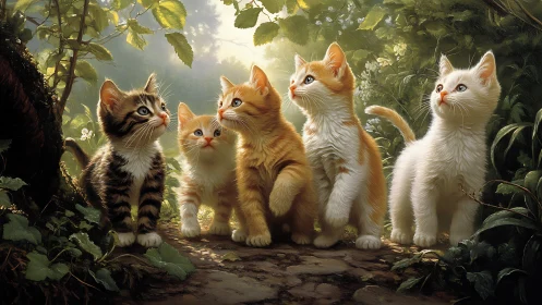 Five Kittens in Forest Setting with Volumetric Lighting and Lush Vegetation