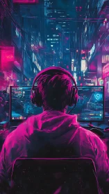 Neon gamer drifts between city chaos and digital legend.