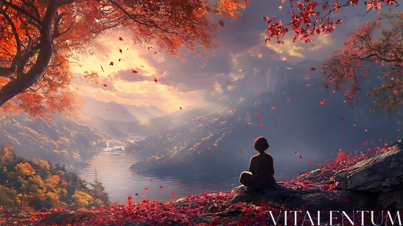 Solitary figure meditates above luminous autumn valley river