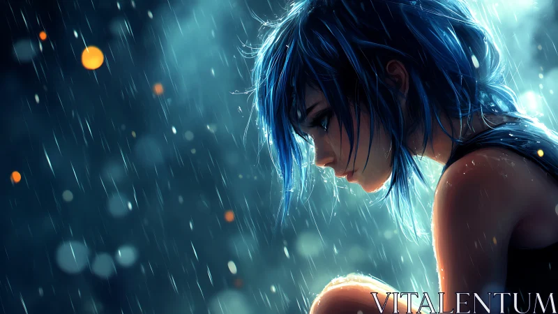 Side profile of blue haired figure in rain with backlight.