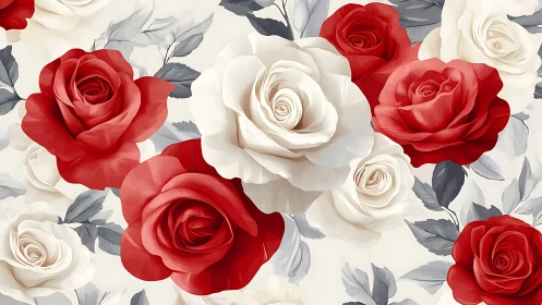 Red and Cream Roses Pattern with Foliage Illustration