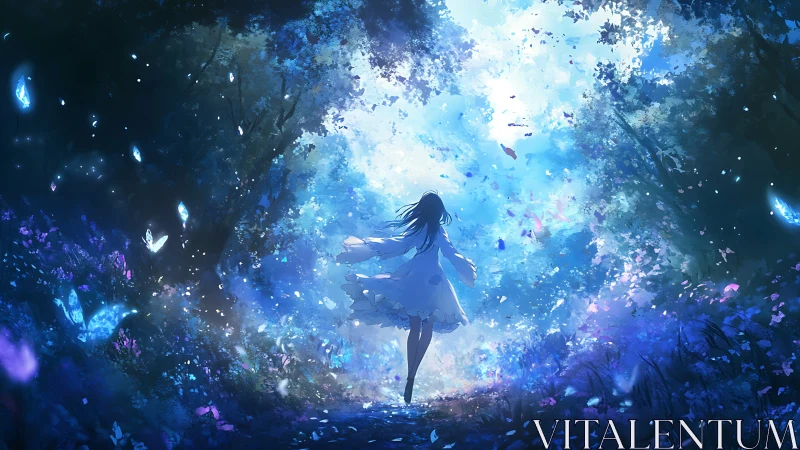 Girl in luminous forest clearing with glowing butterflies.