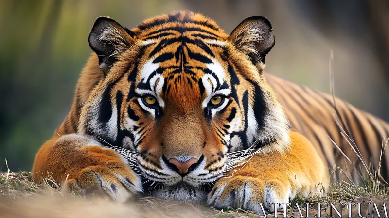 Resting tiger in close frontal view on natural ground surface.