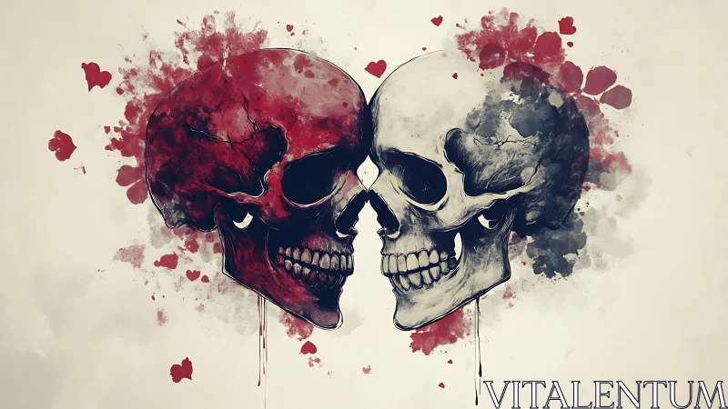 Two Skulls in Frontal Alignment with Watercolor Splatter