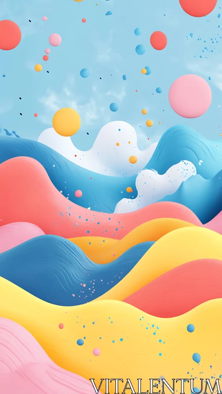 Pastel sculpted waves with floating spheres in blue sky.