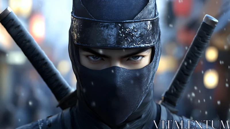 Masked urban ninja with dual swords in shallow focus portrait.