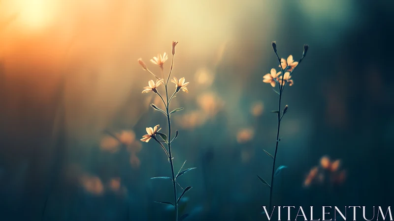 Small Flowers Blooming in Golden Sunrise Light