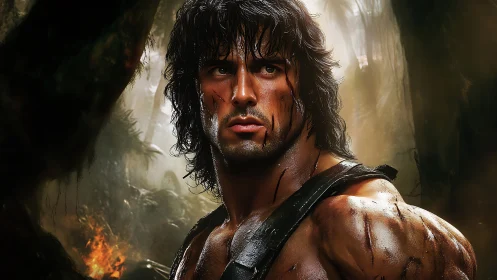 Battle-worn jungle warrior in tense cinematic close-up.