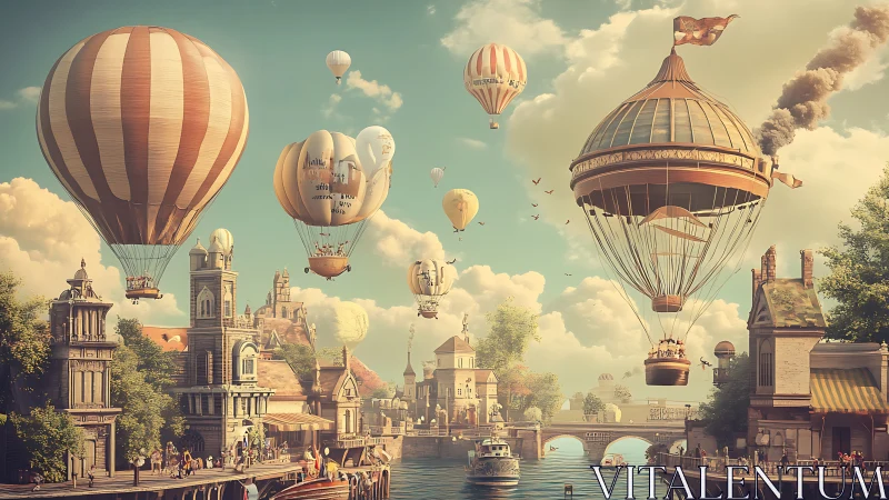 Steampunk airship flotilla ascends above a neo-Victorian canal city