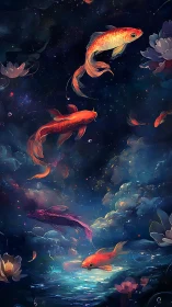 Celestial koi drift through starlit water and nebula dreams.