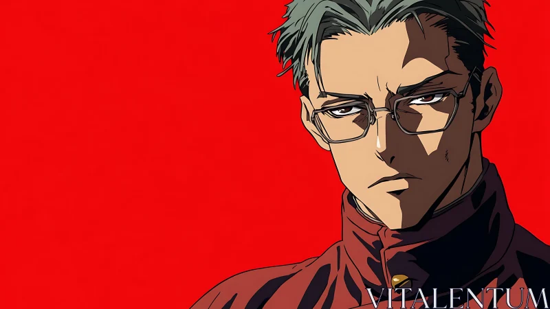 Stoic anime tactician framed by fierce crimson silence.