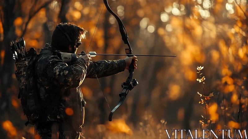 Camouflaged archer drawing compound bow in autumn forest.