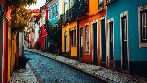Narrow cobblestone street with colorful residential facades.