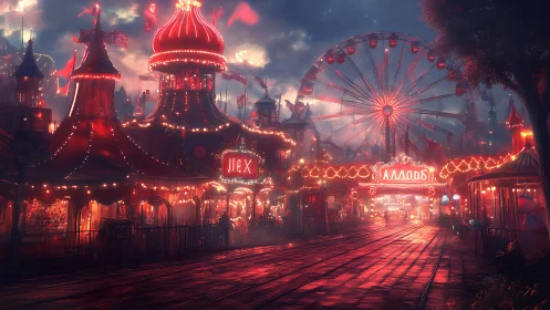 Nocturnal carnival street glows under moody cloudy sky