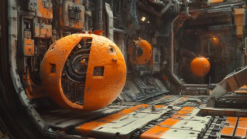 Mechanical oranges suspended in industrial sci fi bay.