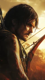 Battle-hardened archer stalks prey in blazing sunset field