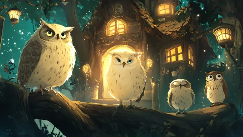 Four owls on branch before glowing forest cottage at night.