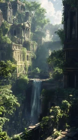 Verdant ruined city with cascading central waterfall. Period.