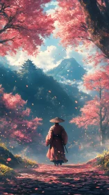 Wanderer beneath cherry blossoms on a misty mountain path.
