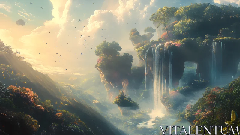 Floating forests pour waterfalls into a mist-sung valley