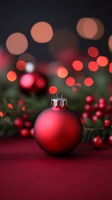 Red Christmas ornament with bokeh lights on table.