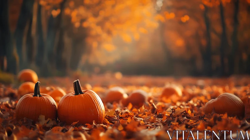Pumpkins rest on fallen leaves in a softly lit autumn forest