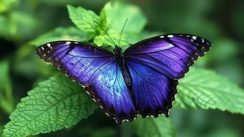 Purple butterfly resting on green leaves in sharp focus.