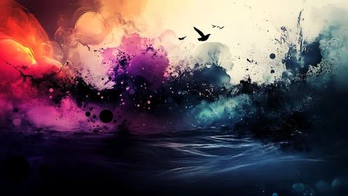 Color-splashed horizon where birds glide above dreaming seas.