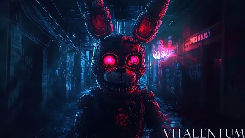 Glowing eyed animatronic rabbit in neon lit urban alley.