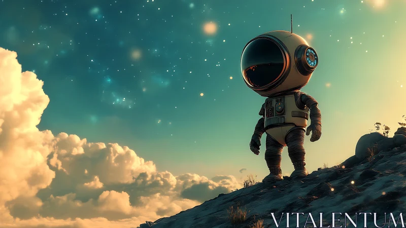 Retro stylized astronaut stands on rocky ridge under luminous sky
