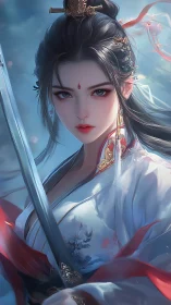 Sword-wielding warrior maiden in luminous wuxia portrait.