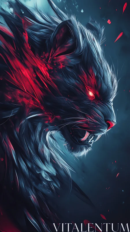 Demonic spectral tiger roars in swirling red and cyan light