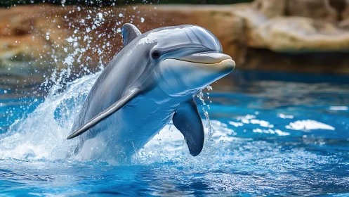Bottlenose dolphin leaps through vivid sunlit seawater.