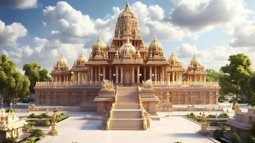 Sunlit stone temple complex exhibits detailed layered domes