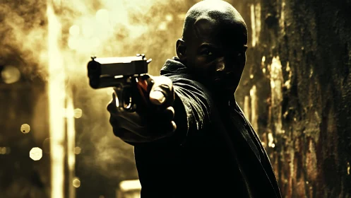 Shadow gunman framed in molten alleyway haze and glare.