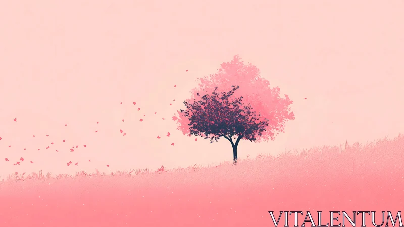 Gentle pink hillside holding a quiet blossom tree in bloom.