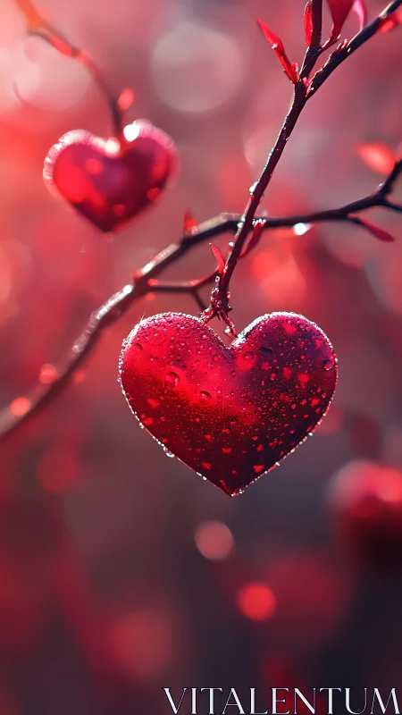 Glowing Hearts Hanging on Frosted Branches in Pink Light