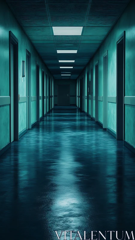 Deserted teal hospital corridor with reflective floor lighting.