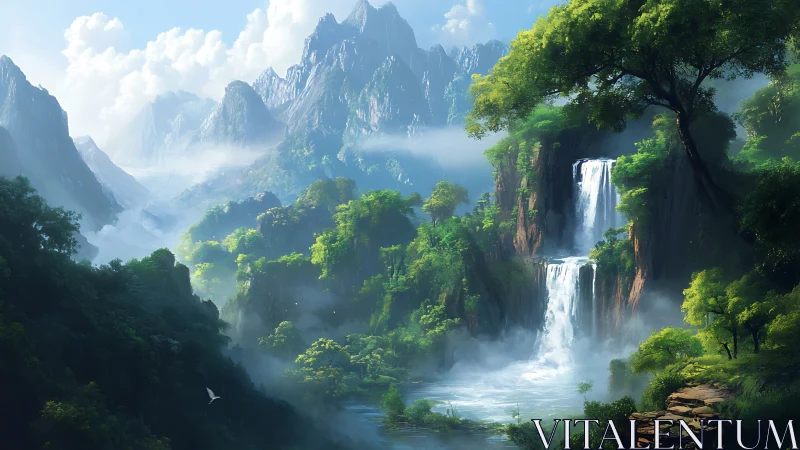 Mist-kissed valley where emerald cliffs cradle twin falls.