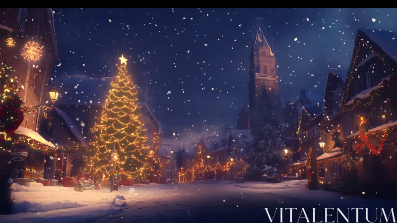 Snow-covered town square shows illuminated Christmas tree at night