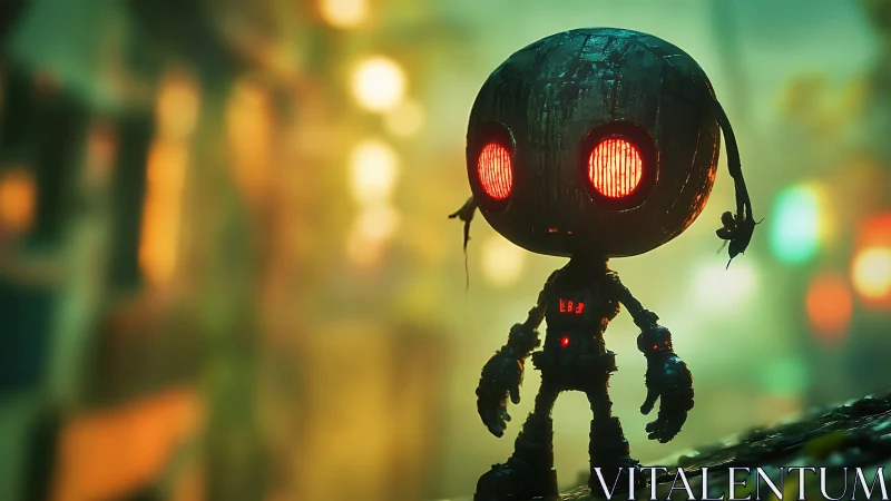 Small weathered robot with emissive red eyes in neon bokeh alley