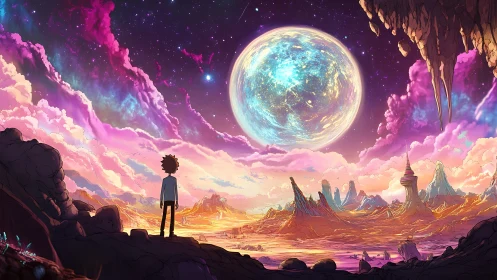 Backlit silhouette surveys chromatic alien desert under massive moon